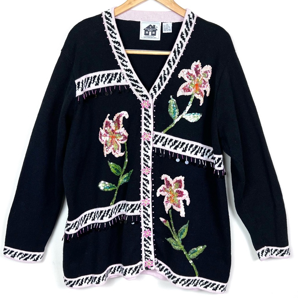 Vintage 90’s Y2K Storybook Knits Lillies Of The Night Sequin Sweater Cardigan - Picture 10 of 16